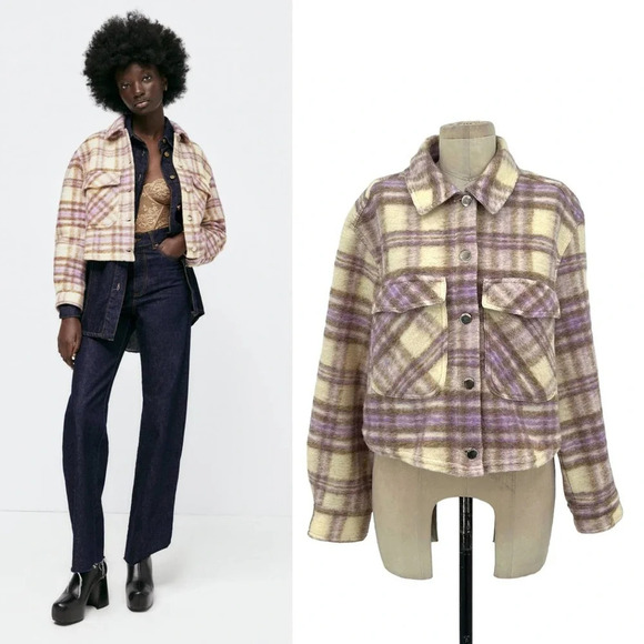Zara Cropped‎ Plaid Jacket Shacket Purple Cream Size Large - Picture 1 of 11